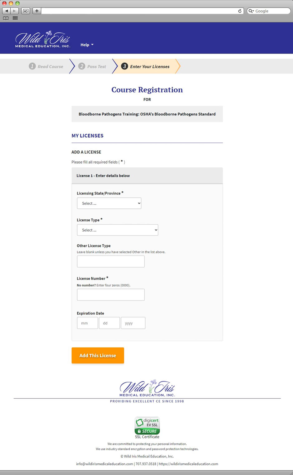 Wild Iris Website registration process license entry page